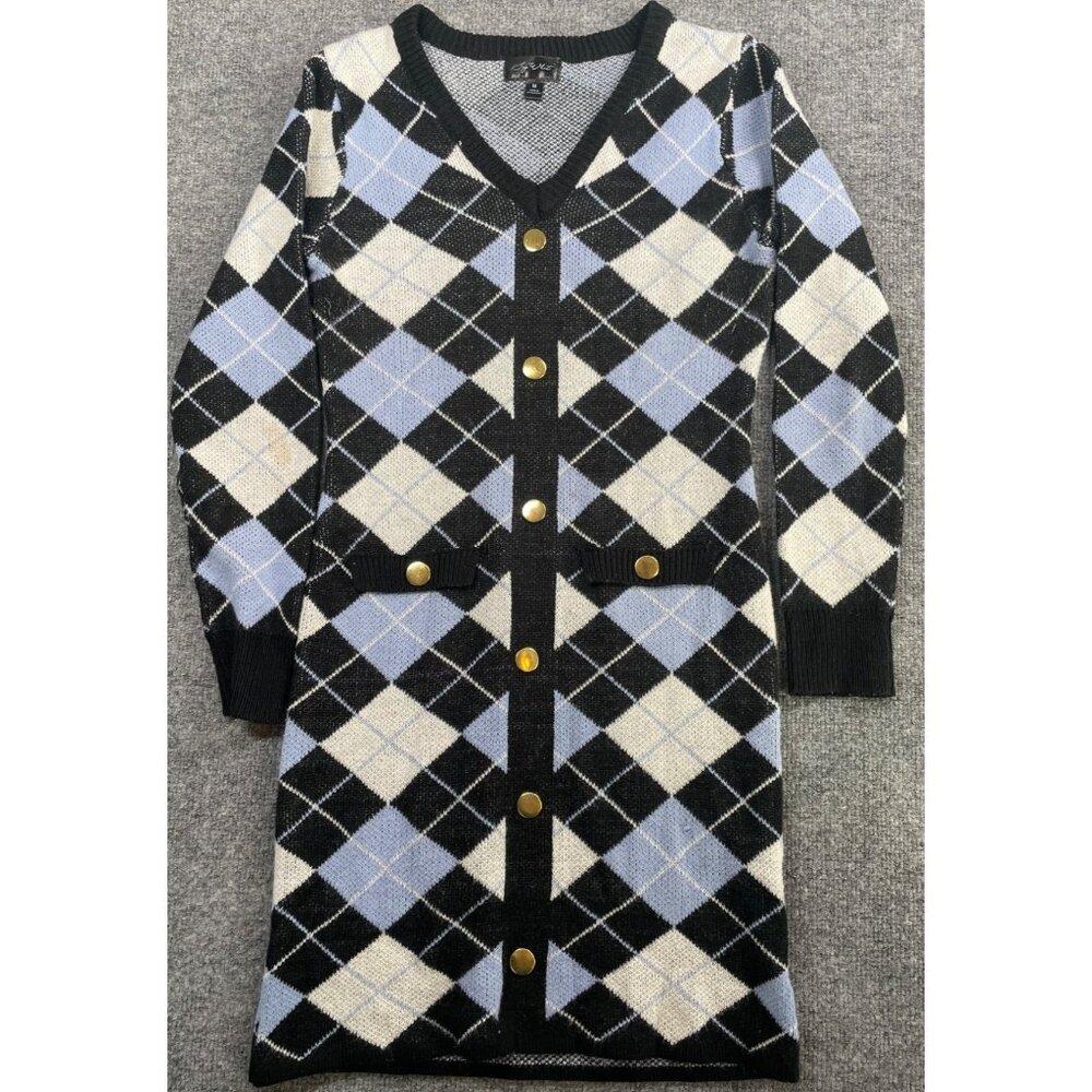 Vintage-Inspired Argyle Cardigan Dress & Gold Buttons M Comfort Casual Style
